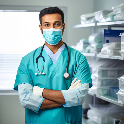 Friendly smiling handsome indian man infection control specialist at work on blured background