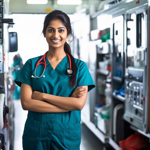 Friendly smiling beautiful indian woman paramedic at work on blured background