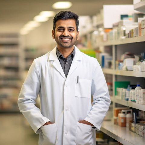 Friendly smiling handsome indian man pharmacist at work on blured background