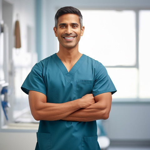 Friendly smiling handsome indian man occupational therapist at work on blured background