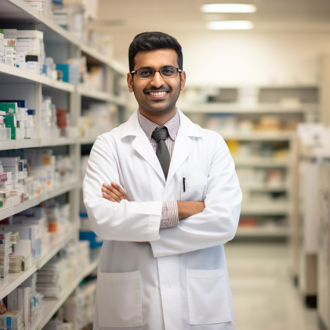 Friendly smiling handsome indian man pharmacist at work on blured background