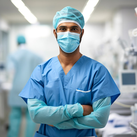 Friendly smiling handsome indian man infection control specialist at work on blured background