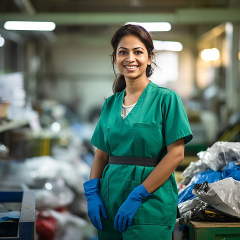 Friendly smiling beautiful indian woman environmental services staff at work on blured background