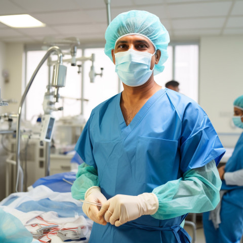 Friendly smiling handsome indian man surgeon at work on blured background