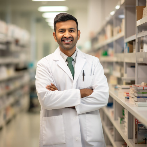 Friendly smiling handsome indian man pharmacist at work on blured background