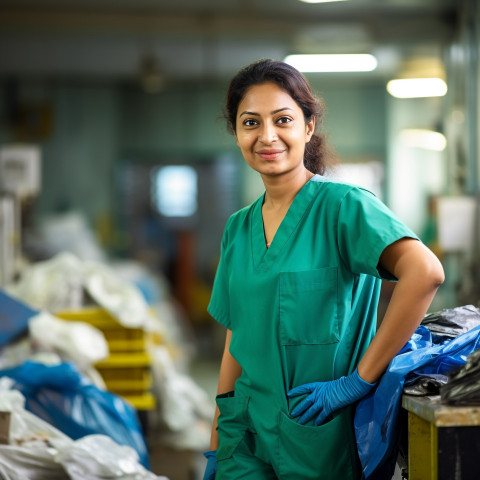 Friendly smiling beautiful indian woman environmental services staff at work on blured background