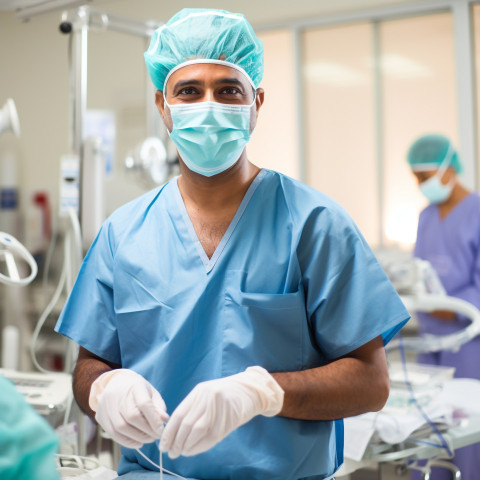 Friendly smiling handsome indian man surgeon at work on blured background