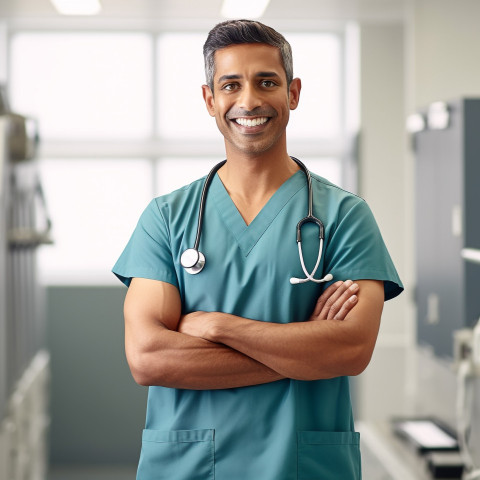 Friendly smiling handsome indian man occupational therapist at work on blured background