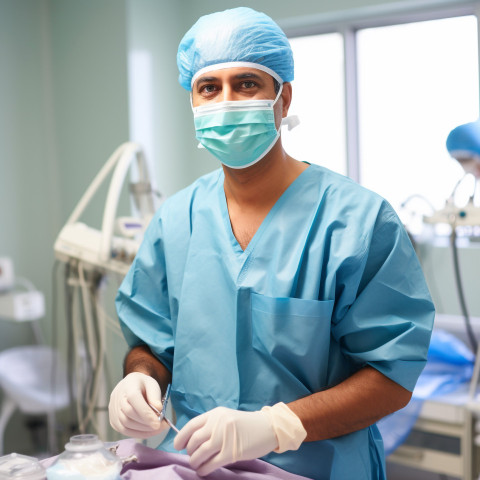 Friendly smiling handsome indian man surgeon at work on blured background