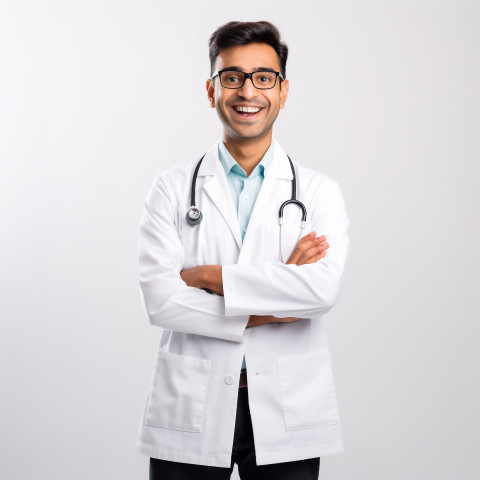 Friendly smiling handsome indian man biomedical engineer at work on white background