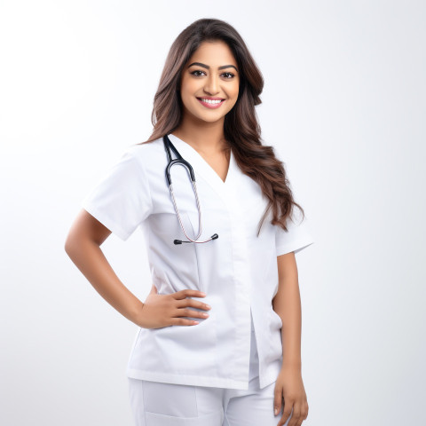 Friendly smiling beautiful indian woman nurse at work on white background