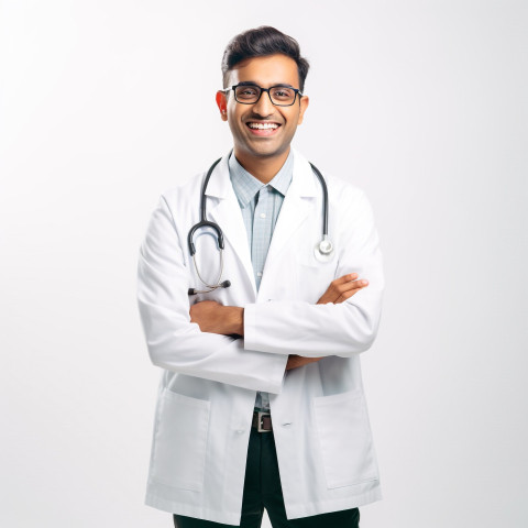 Friendly smiling handsome indian man biomedical engineer at work on white background