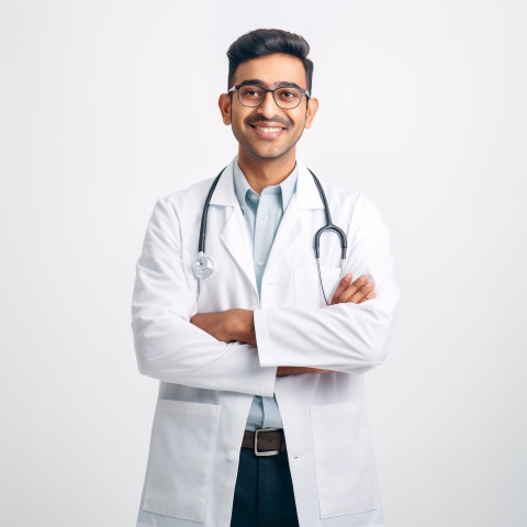 Friendly smiling handsome indian man biomedical engineer at work on white background