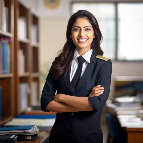 Friendly smiling beautiful indian woman legal and compliance officer at work on blured background