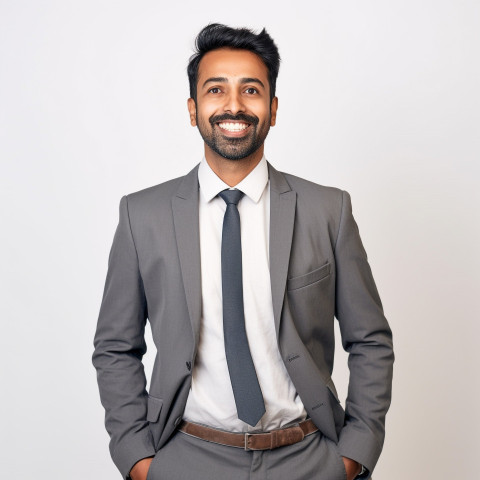 Friendly smiling handsome indian man legal and compliance officer at work on white background