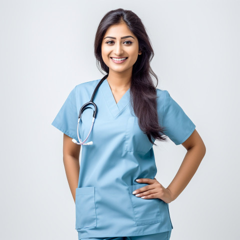 Friendly smiling beautiful indian woman nurse at work on white background