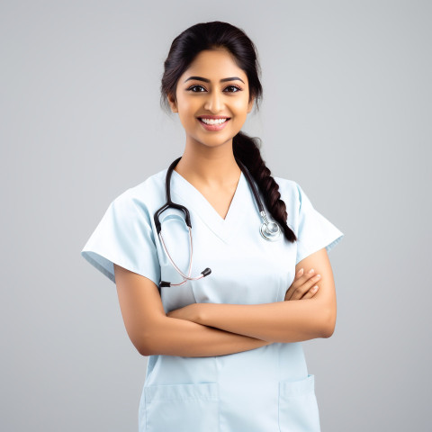 Friendly smiling beautiful indian woman nurse at work on white background