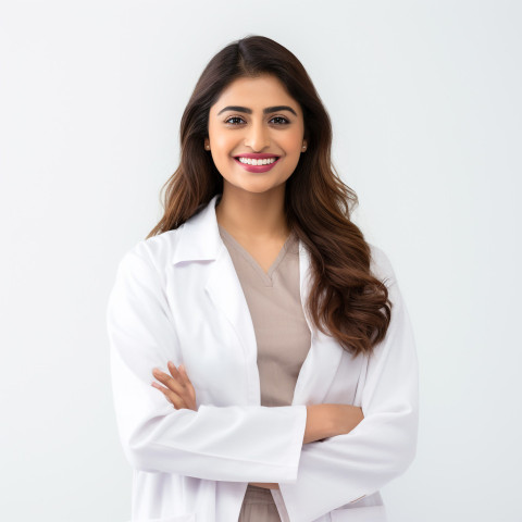 Friendly smiling beautiful indian woman patient advocate at work on isolated white background