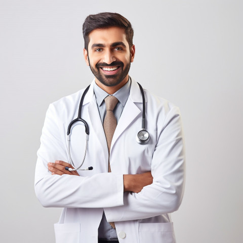 Friendly smiling handsome indian man patient advocate at work on white background