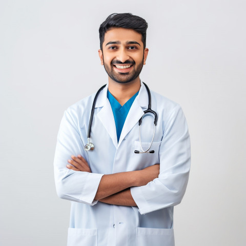 Friendly smiling handsome indian man medical assistant at work on white background