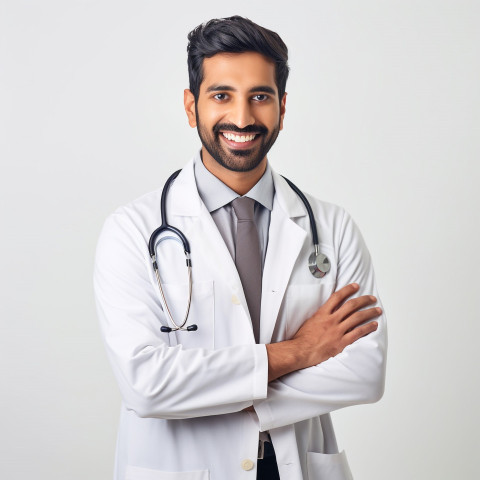 Friendly smiling handsome indian man patient advocate at work on white background