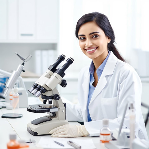 Friendly smiling beautiful indian woman medical laboratory technologist at work on white background