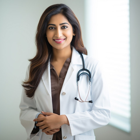 Friendly smiling beautiful indian woman hospital administrator at work on white wall