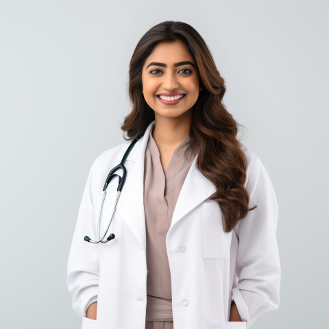 Friendly smiling beautiful indian woman patient advocate at work on isolated white background