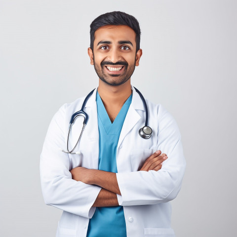 Friendly smiling handsome indian man medical assistant at work on white background