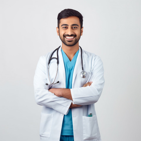 Friendly smiling handsome indian man medical assistant at work on white background