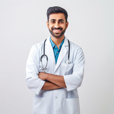 Friendly smiling handsome indian man medical assistant at work on white background