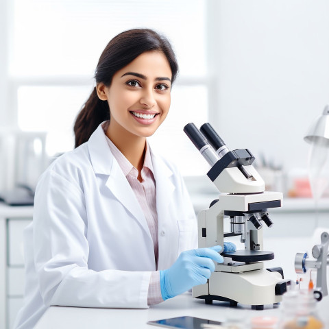 Friendly smiling beautiful indian woman medical laboratory technologist at work on white background