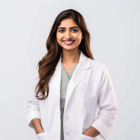 Friendly smiling beautiful indian woman patient advocate at work on isolated white background