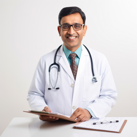 Friendly smiling handsome indian man hospital administrator at work on isolated white background