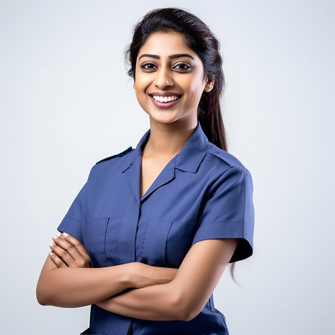 Friendly smiling beautiful indian woman hospital security personnel at work on isolated white background