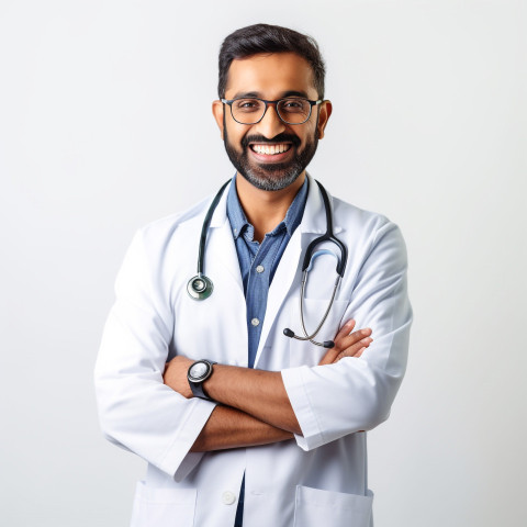 Friendly smiling handsome indian man respiratory therapist at work on isolated white background