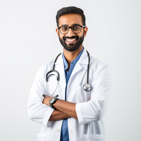 Friendly smiling handsome indian man respiratory therapist at work on isolated white background