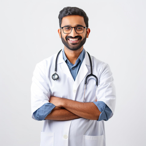 Friendly smiling handsome indian man respiratory therapist at work on isolated white background