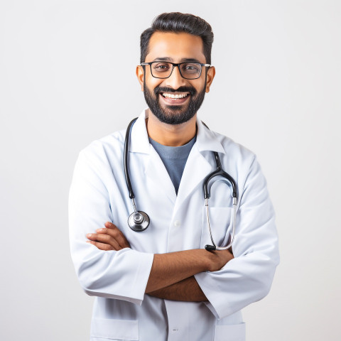 Friendly smiling handsome indian man respiratory therapist at work on isolated white background