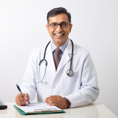 Friendly smiling handsome indian man hospital administrator at work on isolated white background