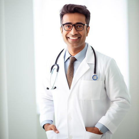 Friendly smiling handsome indian man health educator at work on isolated white background