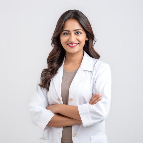 Friendly smiling beautiful indian woman physician at work on isolated white background