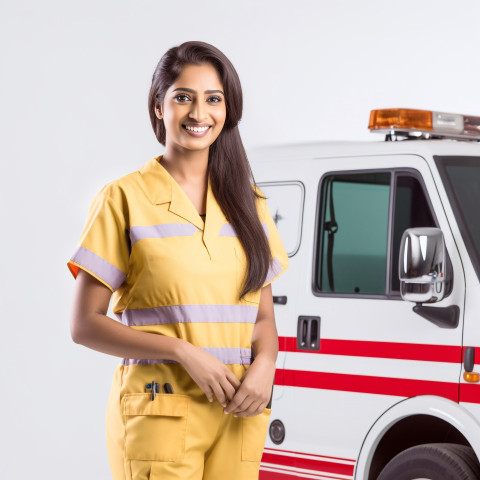 Friendly smiling beautiful indian woman paramedic at work on isolated white background