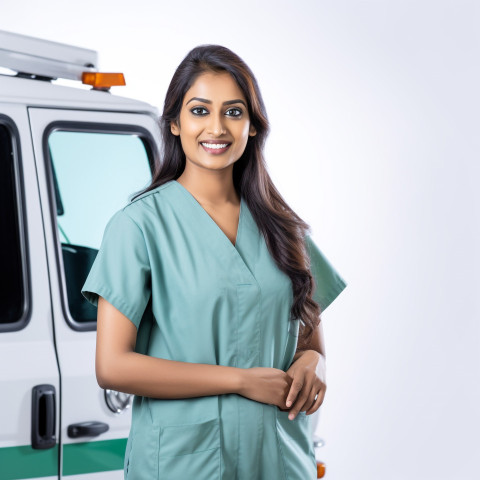 Friendly smiling beautiful indian woman paramedic at work on isolated white background