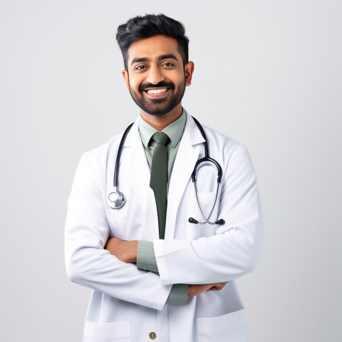 Friendly smiling handsome indian man healthcare marketing specialist at work on white background