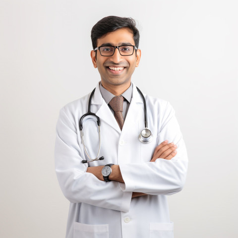 Friendly smiling handsome indian man physician at work on white background