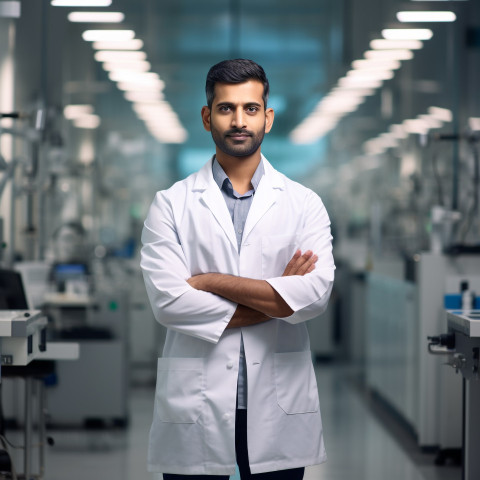 Confident handsome indian man biomedical engineer at work on blured background