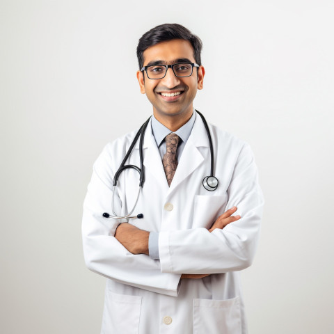 Friendly smiling handsome indian man physician at work on white background