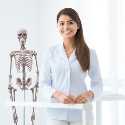 Friendly smiling beautiful indian woman physical therapist at work on white wall