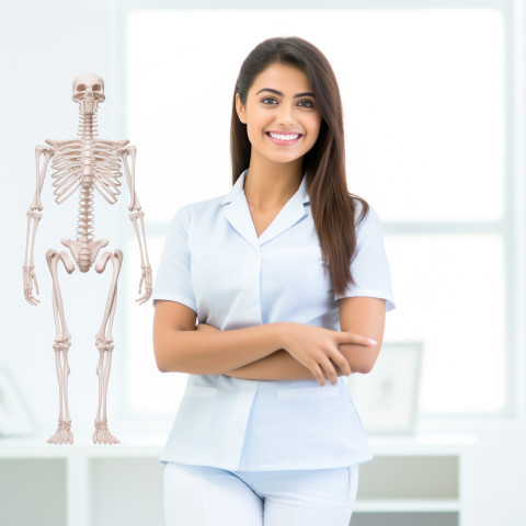 Friendly smiling beautiful indian woman physical therapist at work on white wall